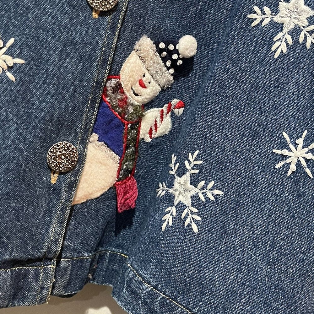 Vintage Tantrums Denim Jacket Womens Medium Embroidered Christmas Snowman Granny - Picture 5 of 9
